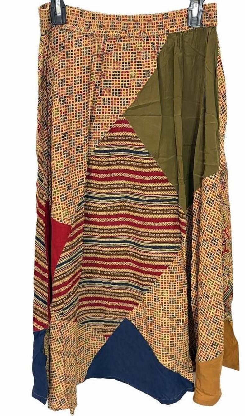 Chaus Vintage 100% Silk Patchwork Boho Long Skirt Size 12 Multicolor
